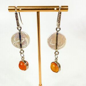 Sterling Silver Coin Pearls Cornelian Drop Dangle Earrings